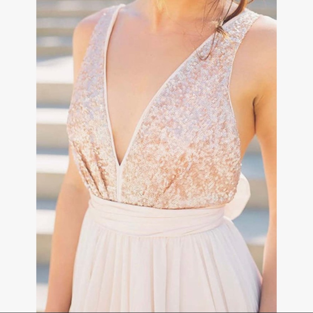 Ruiyujong V Neck Backless Rose Gold Bridesmaid Dress